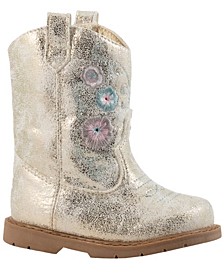 Baby Girl PU Shimmer Western Boot Round Toe with Flower Embroidery