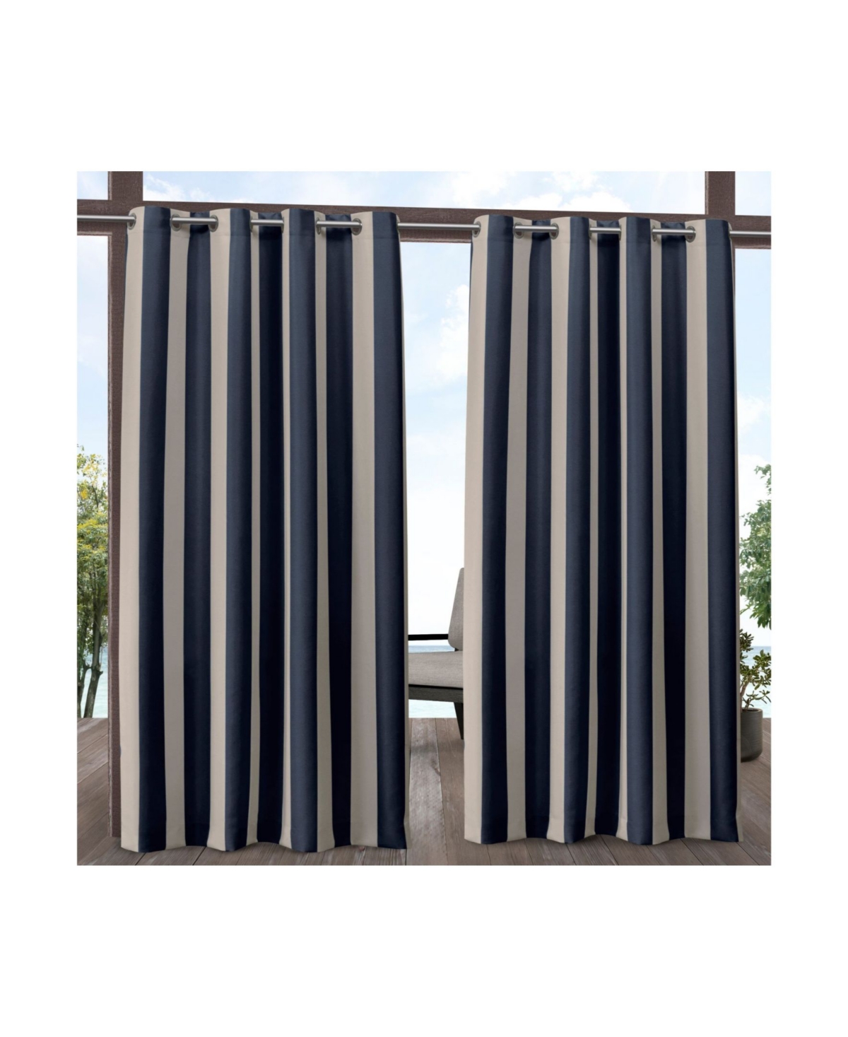 Canopy Stripe Indoor/Outdoor Grommet Top Curtain Panel Pair, 54" x 108" - Navy