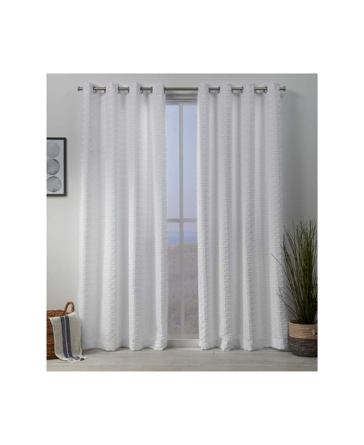 Squared Embellished Grommet Top Curtain Panel Pair, 54" x 108" - White