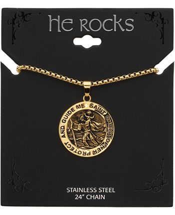 He Rocks - "Saint Christopher" Coin 24" Pendant Necklace in Gold-Tone Stainless Steel