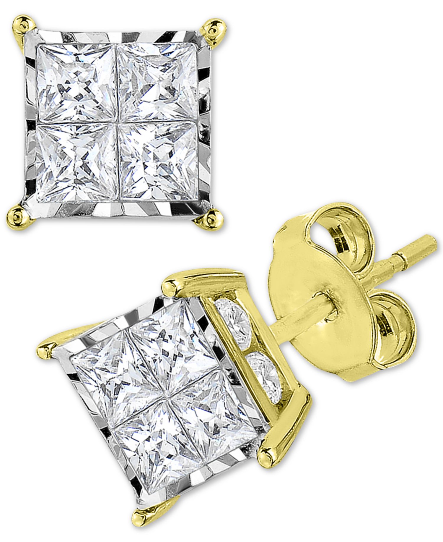Diamond Princess Cluster Stud Earrings in 14k Gold