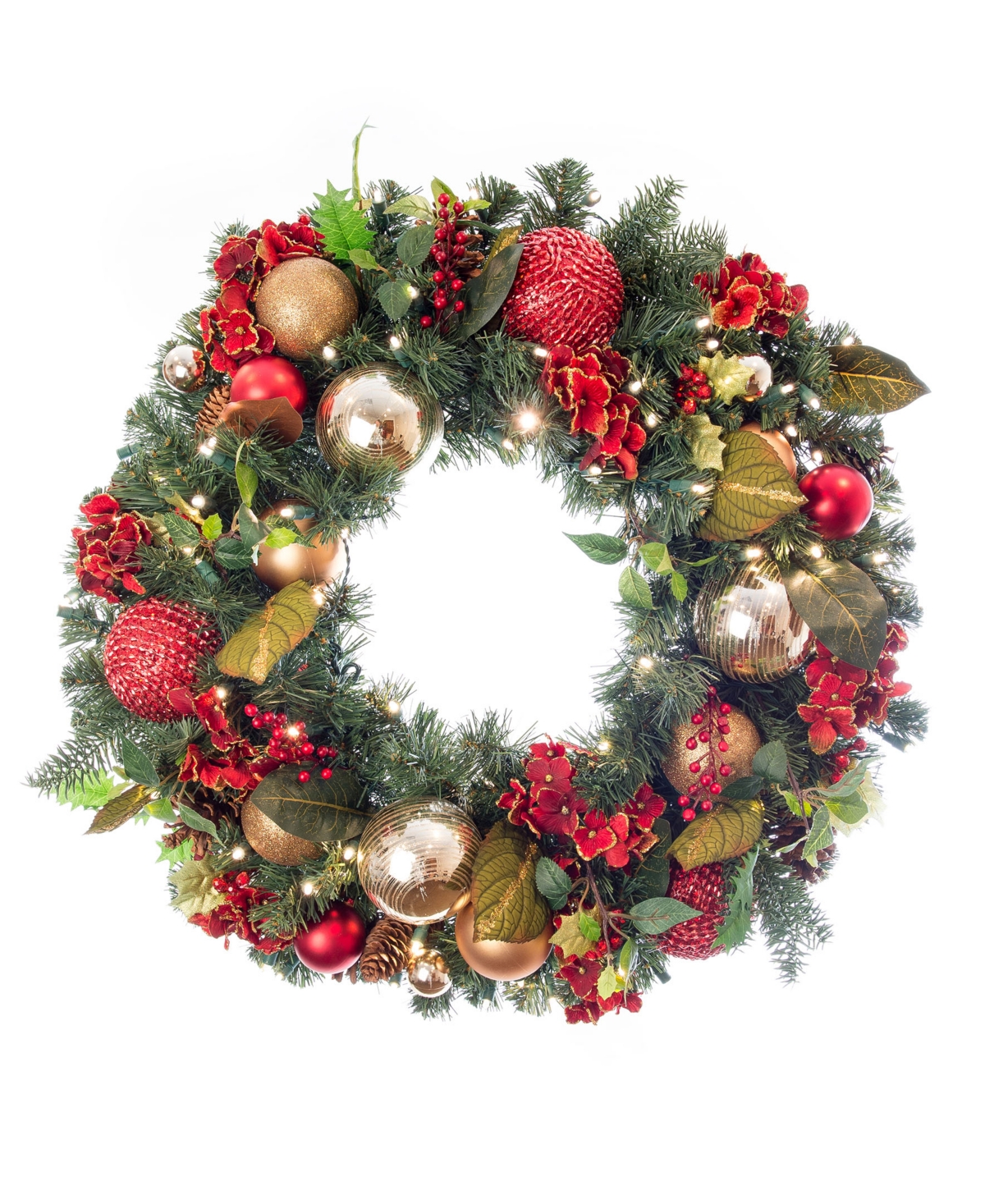 30" Lighted Christmas Wreath, Scarlet Hydrangea - Multi