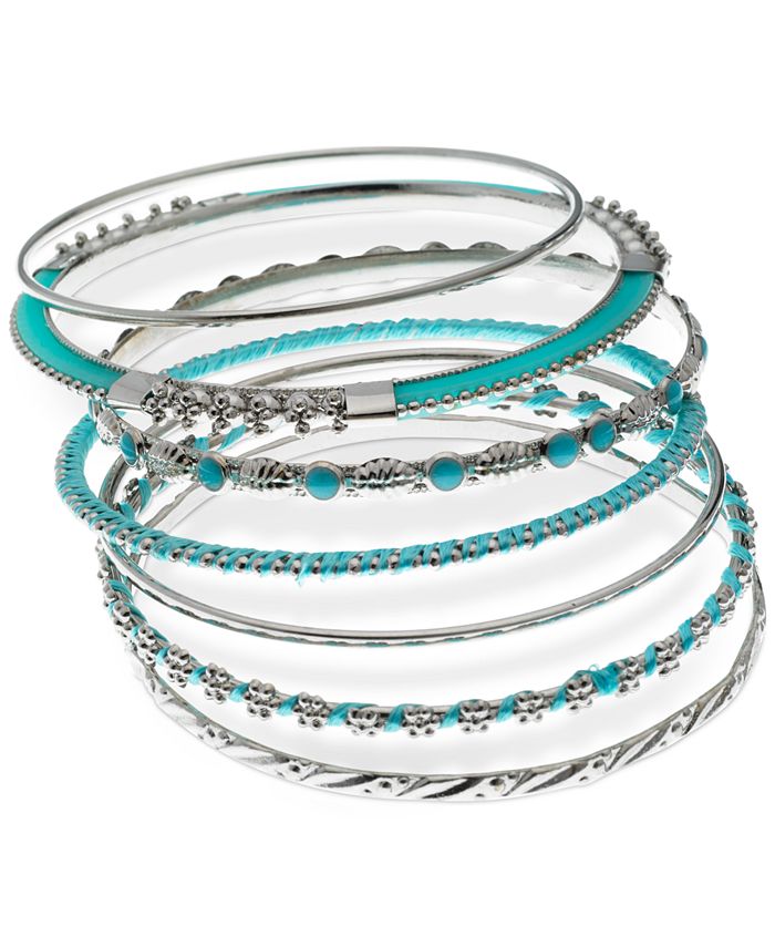 GUESS Silver-Tone 7-Pc. Set Stone & Thread-Wrapped Bangle Bracelets ...
