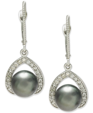 image of Cultured Tahitian Pearl (8mm) & Diamond (1/3 ct. t.w.) Drop Earrings in 14k White Gold