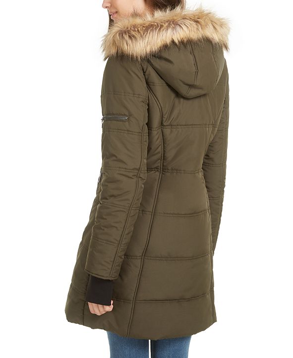 Maralyn Me Juniors Hooded Faux Fur Trim Puffer Coat Wine Size Medium