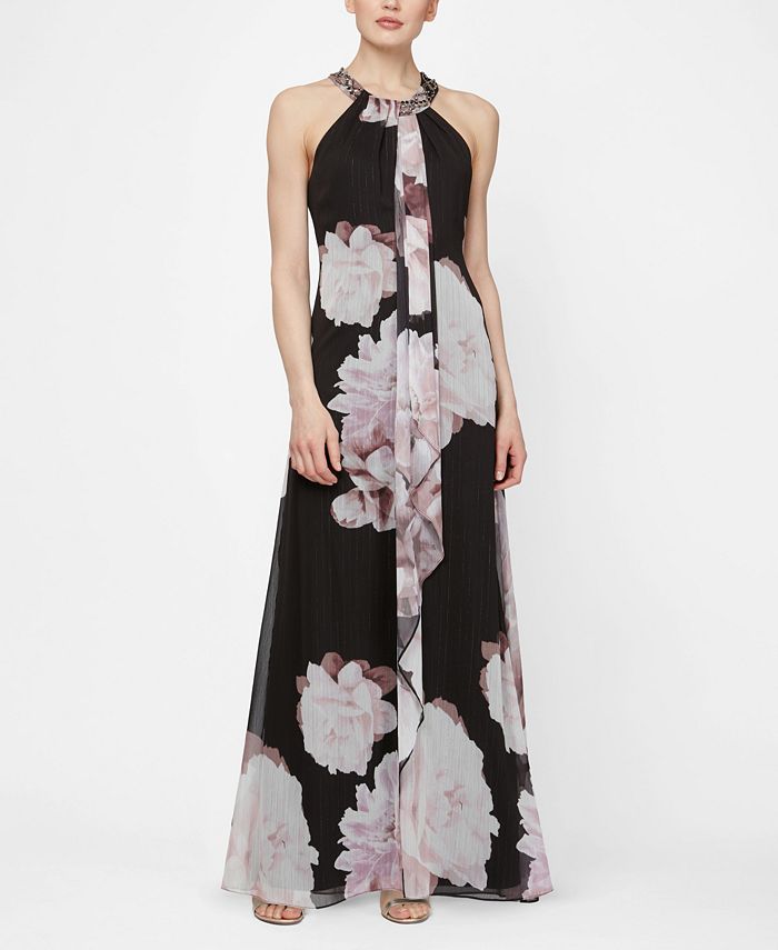 SL Fashions Embellished Neckline Floral Maxi Dress - Macy's