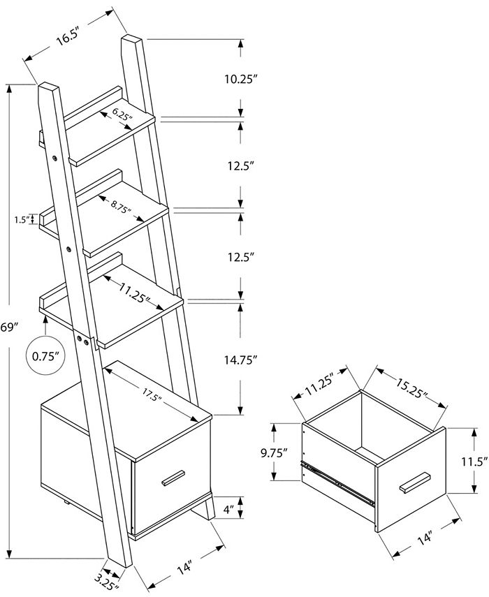 Monarch Specialties Stroage Drawer 69"H Bookcase With Ladder in White