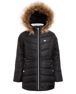 image of Big Girls Puffer Jacket With Faux Fur Hood