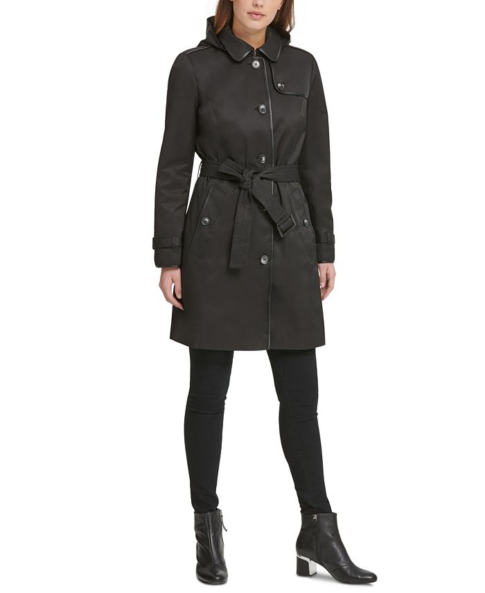DKNY Belted Faux-Leather-Trim Hooded Trench Coat - Macy's