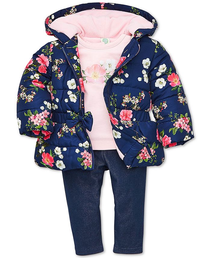 Little Me Baby Girls 3-Pc. Floral-Print Hooded Jacket, Floral-Print Top ...