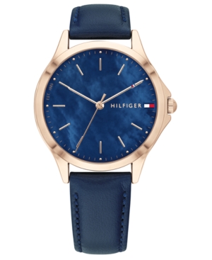 image of Tommy Hilfiger Women-s Blue Leather Strap Watch 34mm, Created for Macy-s