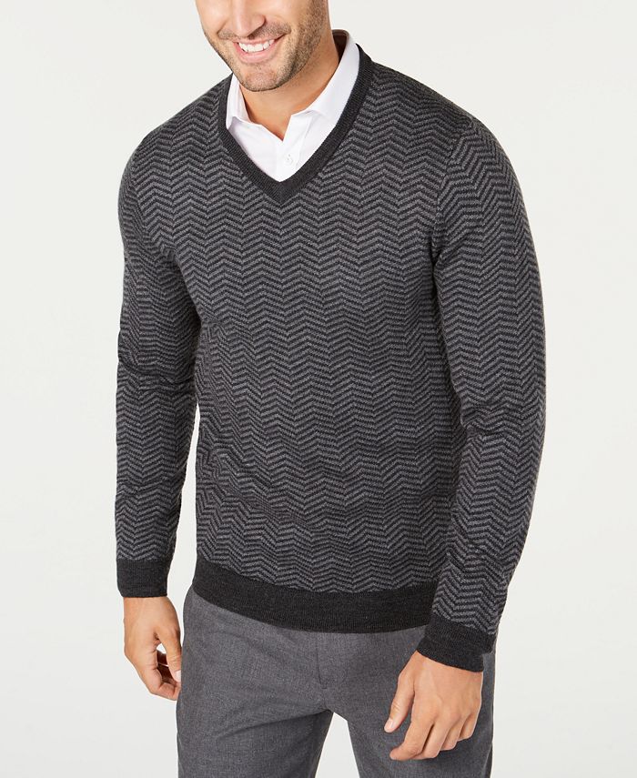 Tasso Elba Men's Merino Wool Blend V-Neck Herringbone Sweater, Created ...