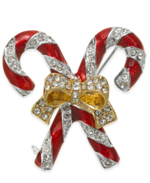 image of Holiday Lane Gold-Tone Crystal & Epoxy Candy Cane Pin, Created for Macy-s
