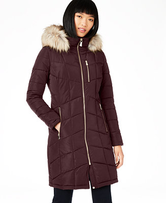 Calvin Klein Petite Faux-Fur-Trim Hooded Puffer Coat, Created for Macy ...
