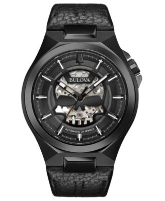 Bulova - Men's Automatic Maquina Black Leather Strap Watch 46mm
