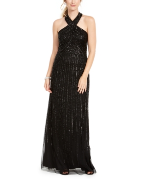 Adrianna Papell Halter Beaded Gown In Black