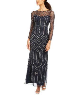 Adrianna Papell Long-Sleeve Mesh Sequin Gown - Macy's