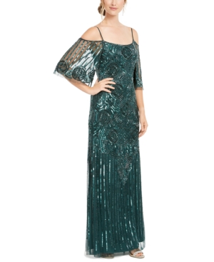 Adrianna Papell Off-shoulder Beaded Gown In Dusty Emerald Green
