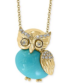EFFY® Genuine Turquoise & Diamond (1/10 ct. t.w.) Owl 18" Pendant Necklace in 14k Gold