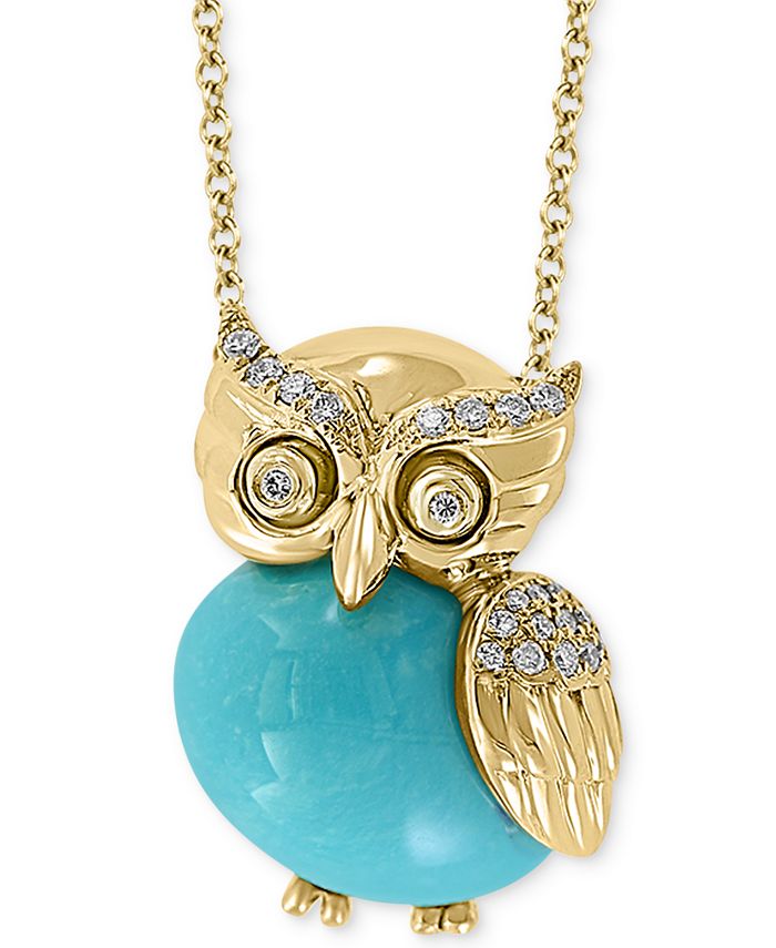 EFFY Collection - Genuine Turquoise & Diamond (1/10 ct. t.w.) Owl 18" Pendant Necklace in 14k Gold