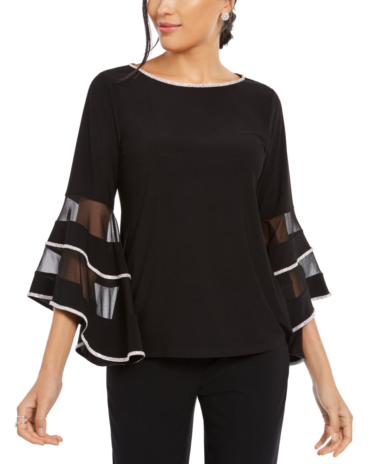 Женский топ MSK Illusion Rhinestone Bell-Sleeve Top, цвет: Чёрный — фото 1