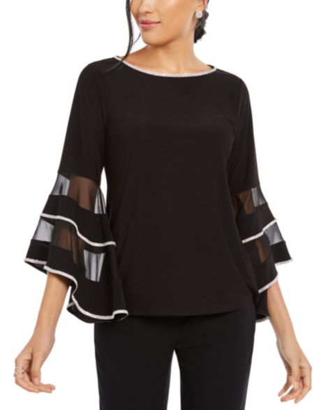 Женский топ MSK Illusion Rhinestone Bell-Sleeve Top, цвет: Чёрный