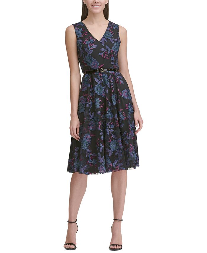 Tommy Hilfiger Belted Embroidered Fit & Flare Dress - Macy's