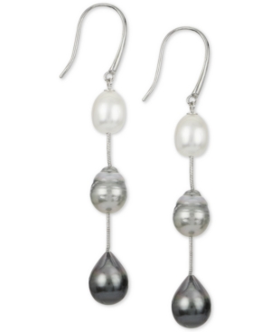 image of Cultured White South Sea Pearl (8mm), Cultured Gray Tahitian Pearl (9mm) & Cultured Black Tahitian Pearl (10mm) Drop Earrings in Sterling Silver