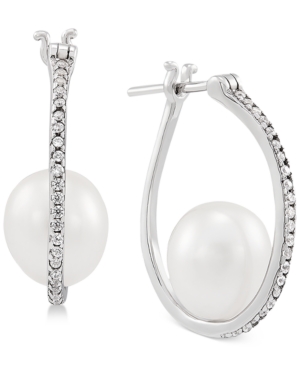 image of Cultured Freshwater Pearl (8-1/2mm) & White Topaz (1/4 ct. t.w.) Hoop Earrings in Sterling Silver
