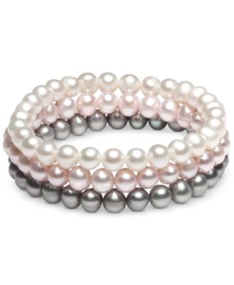 Macy's - 3-Pc. Set White Cultured Freshwater Pearl (6-1/2 mm) Stretch Bracelets (Also in White/Gray/Peacock & White/Pink Gray)