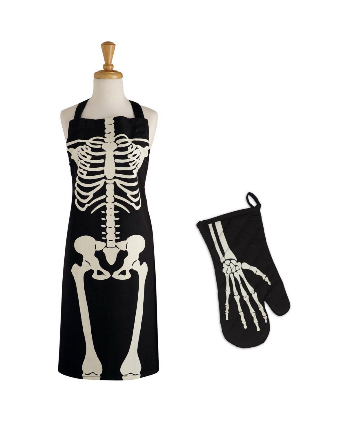 Skeleton Print Apron Oven Mitt Kitchen Set - Black