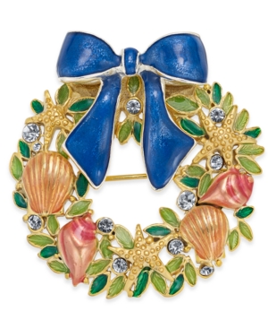 image of Holiday Lane Gold-Tone Pave Shell Wreath Pin, Created for Macy-s