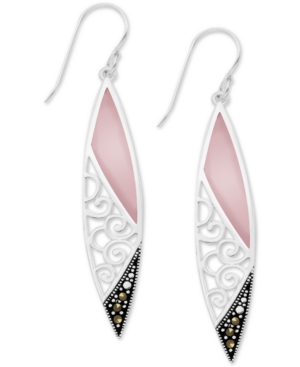 image of Genuine Swarovski Marcasite Pink Shell Filigree Drop Earrings in Fine Silver-Plate