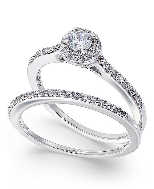 Macy S Diamond Halo Bridal Set 1 2 Ct T W In 14k White Gold Reviews Rings Jewelry Watches Macy S
