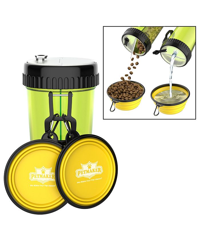 PetMaker - 3-In-1 Travel Pet Feeding Containers-Complete 5-PC Set of 2 Collapsible Bowls, 1 Dual Sided Bottle for Food and Water, 2 Carabiner Clips by