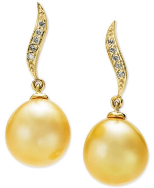 image of Cultured Golden South Sea Pearl (10mm) & Diamond Accent Drop Earrings in 14k Gold