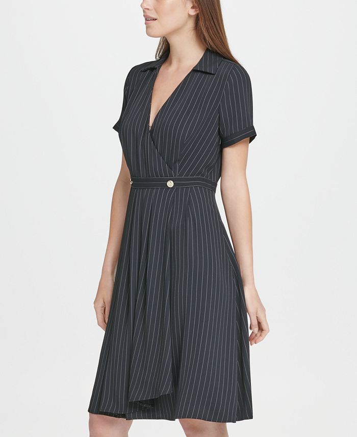 DKNY Pinstripe Collared Fit Flare Dress - Macy's