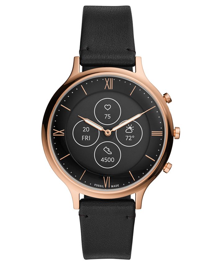 Fossil Tech Charter Black Leather Strap Hybrid Smart Watch 42mm - Macy's