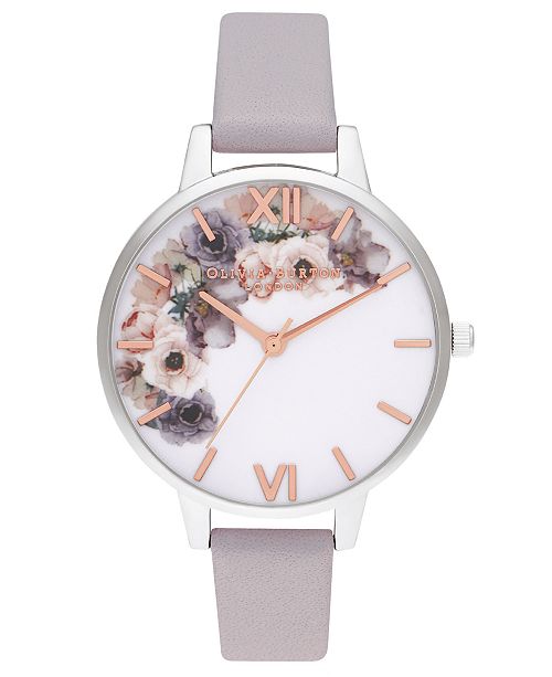 Olivia Burton Women S Watercolour Floral Gray Lilac Leather Strap Watch 34mm Reviews Watches Jewelry Watches Macy S