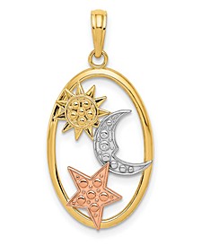 Sun, Moon and Star Oval Pendant in 14k Yellow, Rose Gold and Rhodium