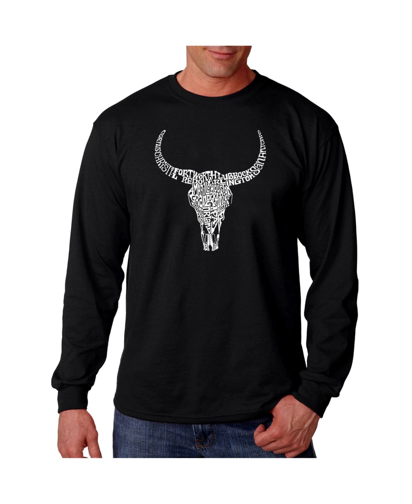 Мужская футболка LA Pop Art Word Art Long Sleeve - Texas Skull, цвет: Чёрный — фото 1