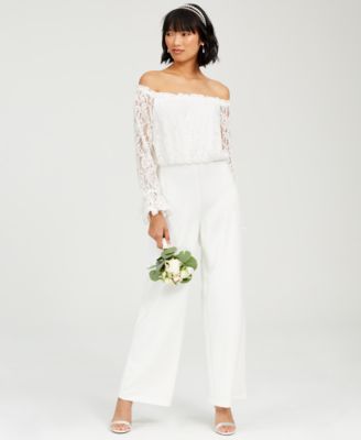 white lace off the shoulder jumpsuit