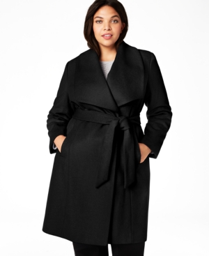 Cole Haan Plus Size Belted Wrap Coat In Black