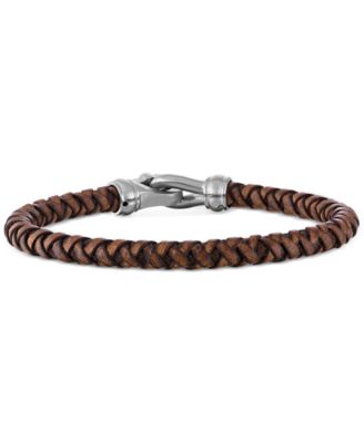 Esquire Men's Jewelry - Men's Braided Brown Leather Bracelet in Stainless Steel