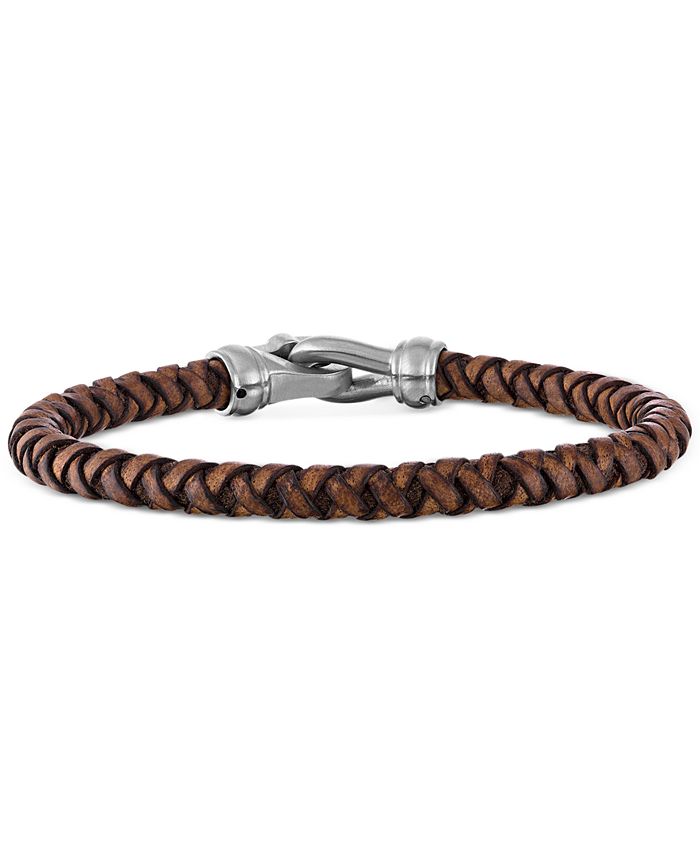 Esquire Men's Jewelry Braided Brown Leather Bracelet in Stainless Steel