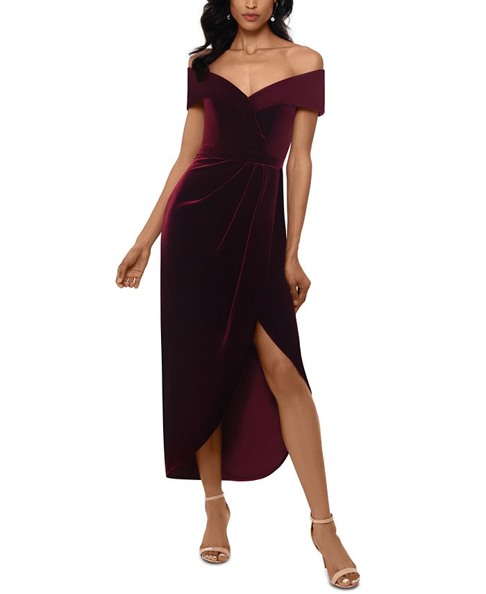 XSCAPE Petite Off-The-Shoulder Velvet Fit & Flare Gown - Macy's