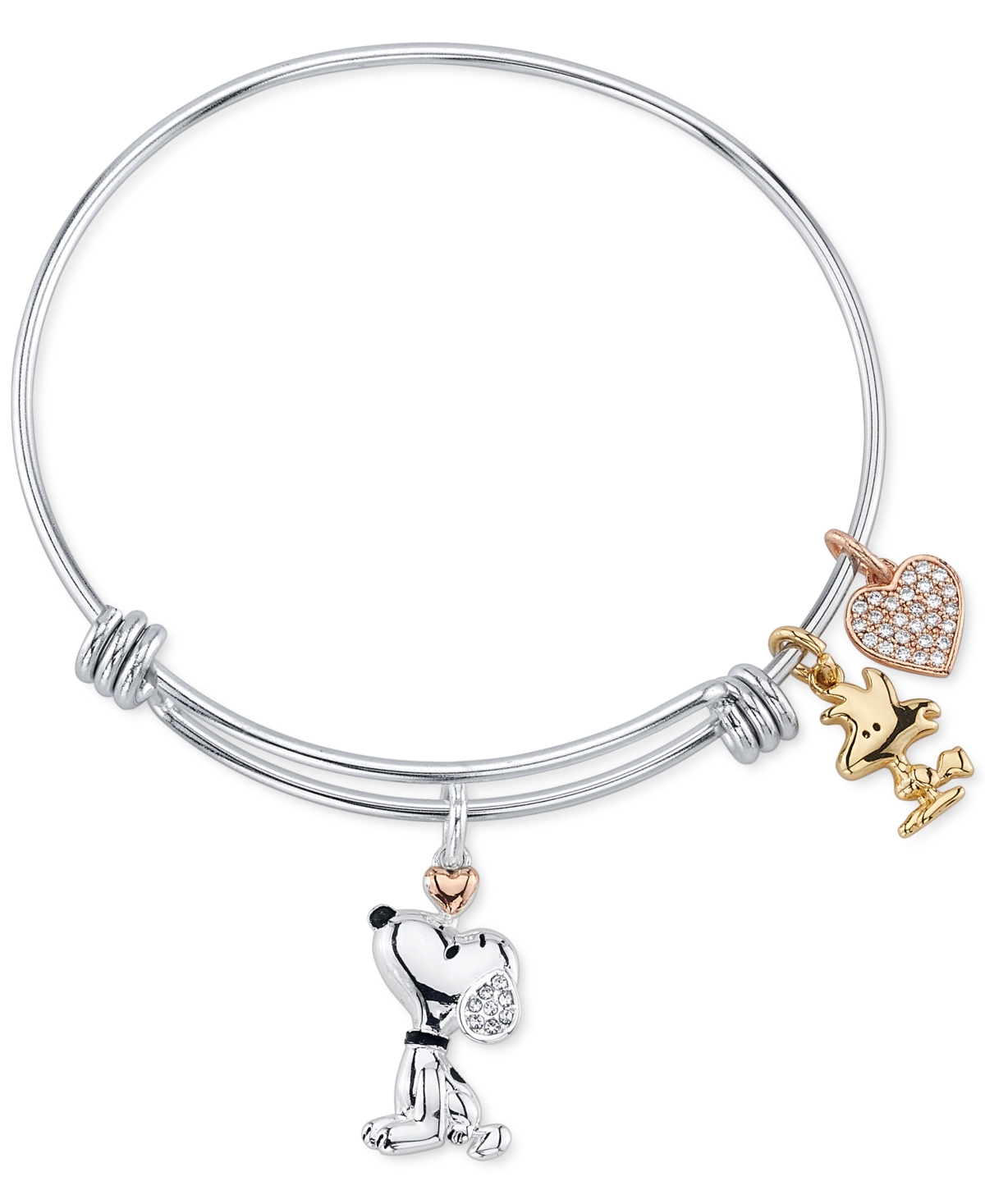 Unwritten Snoopy & Woodstock Bangle Bracelet in Stainless Steel with Silver Plated Charms - Tri-Tone