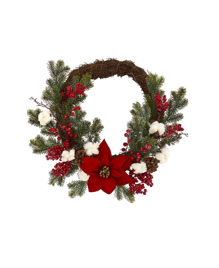 Nearly Natural - 19" Poinsettia with Berries and Cotton Artificial Wreath