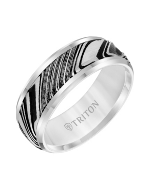image of Triton 8MM White Tungsten Carbide Ring with Damascus Steel