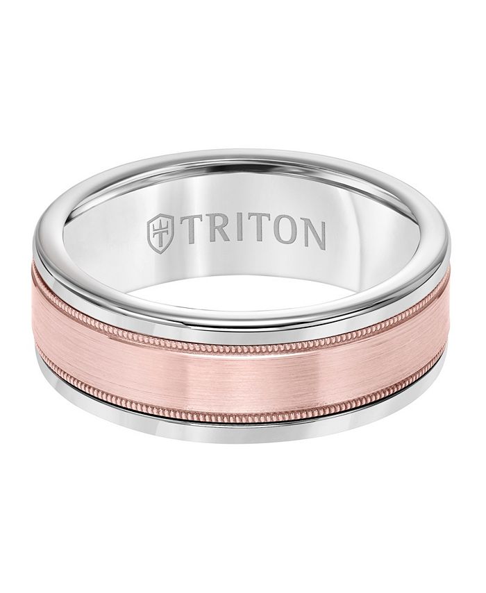 Triton 8MM White Tungsten Carbide Ring with 14K Rose Gold Milgrain